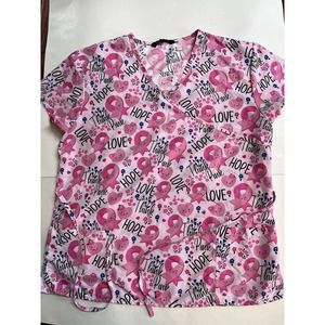 Cassandra O Womens Mammography Scrub Top Pink Breast Cancer Size Large